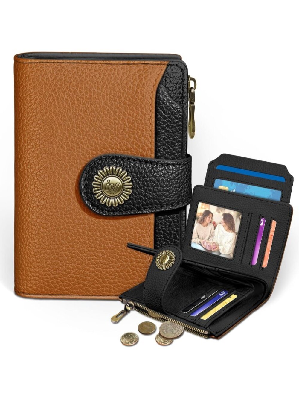 〽️Women Pumpkin Black PU Leather RFID Blocking Bifold 14 Card Slots Cash Purse